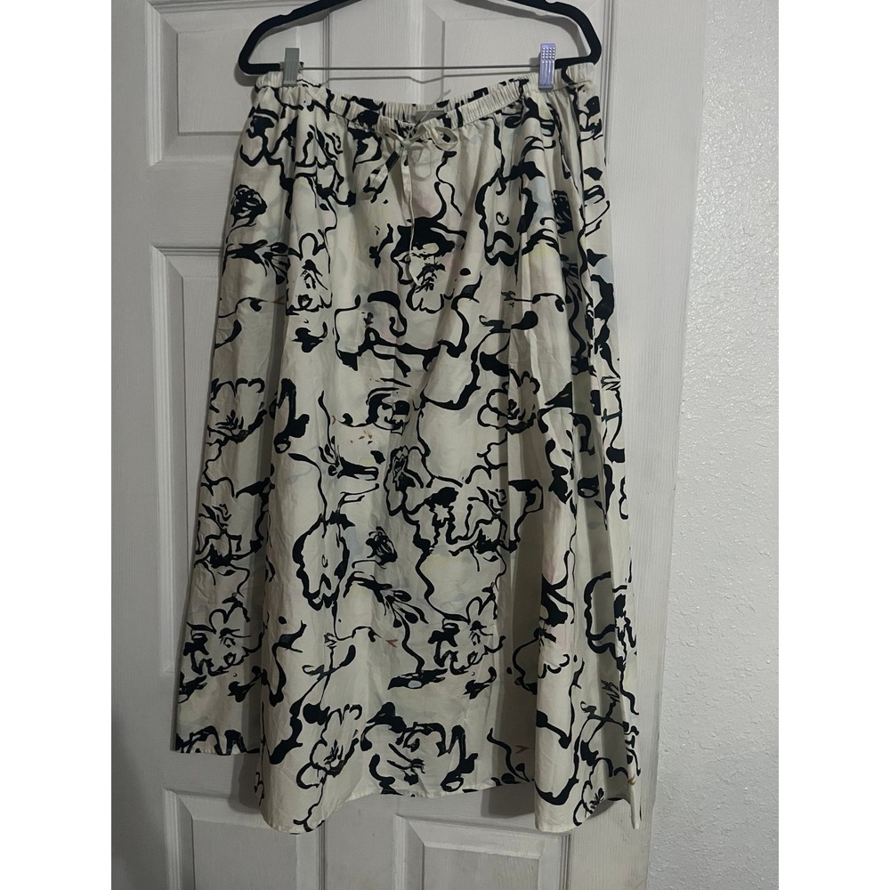 A New Day Abstract Floral Midi Skirt Cream Black Elastic Waist Drawstring -2XL